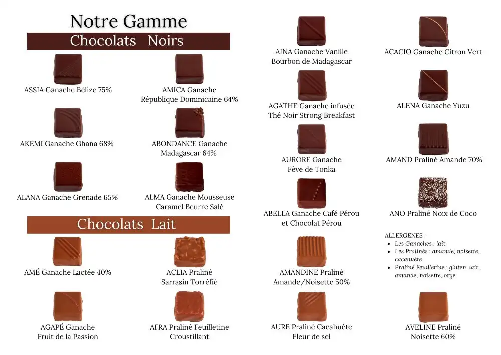 [La gamme complète de bonbons de chocolat de Stéphane Pasco, chocolatier à Nantes et Vertou]