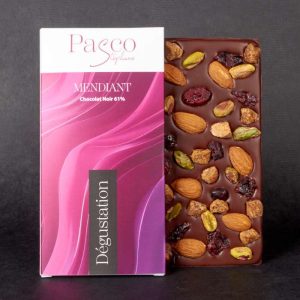 Tablette de Chocolat Noir 61% Mendiant Dégustation de Stéphane Pasco, artisan Chocolatier à Nantes et Vertou