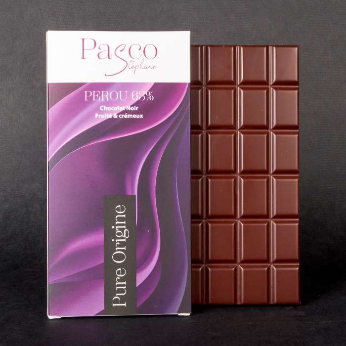 Tablette de Chocolat Noir Pérou 63% Pure Origine de Stéphane Pasco, artisan Chocolatier à Nantes et Vertou